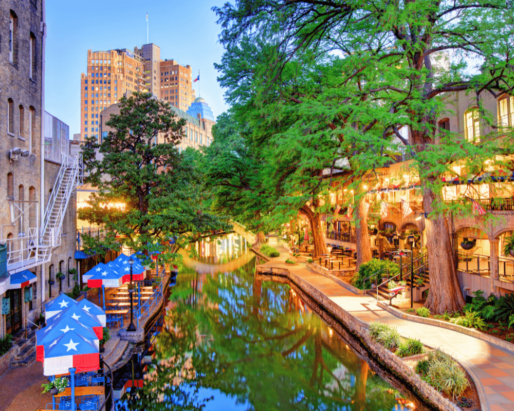 A scenic view of a riverwalk lined with trees and colorful umbrellas, with city buildings in the background.